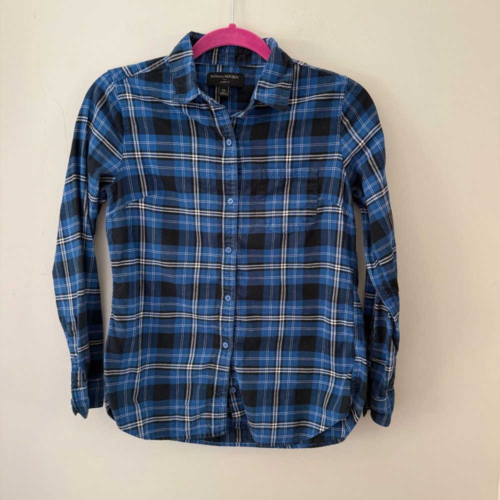 Banana Republic Classic Fit Blue Plaid Flannel Shirt Women's XS
